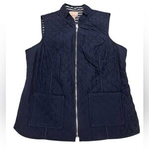 Chico’s navy quilted and blue and white striped reversible vest